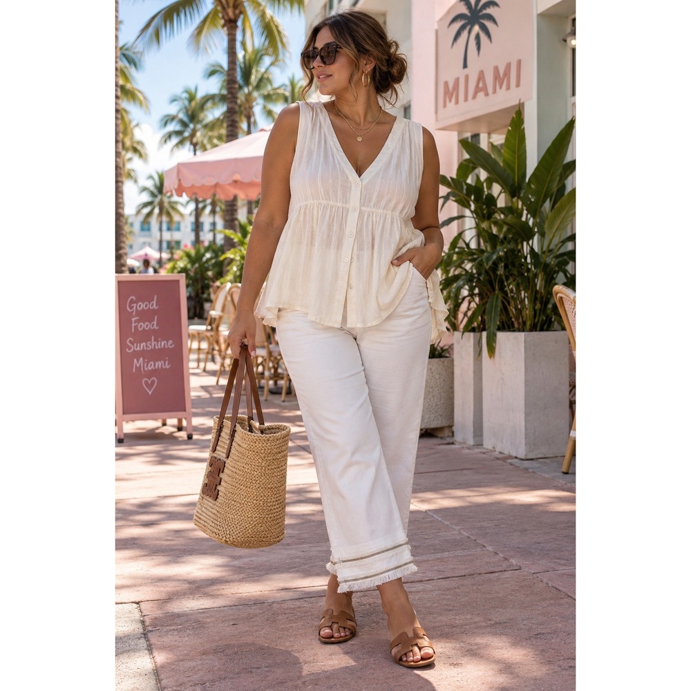 Chicos So Slimming Girlfriend Slim Leg Crop White Jeans Frayed Chain Hem Sz 2.5
